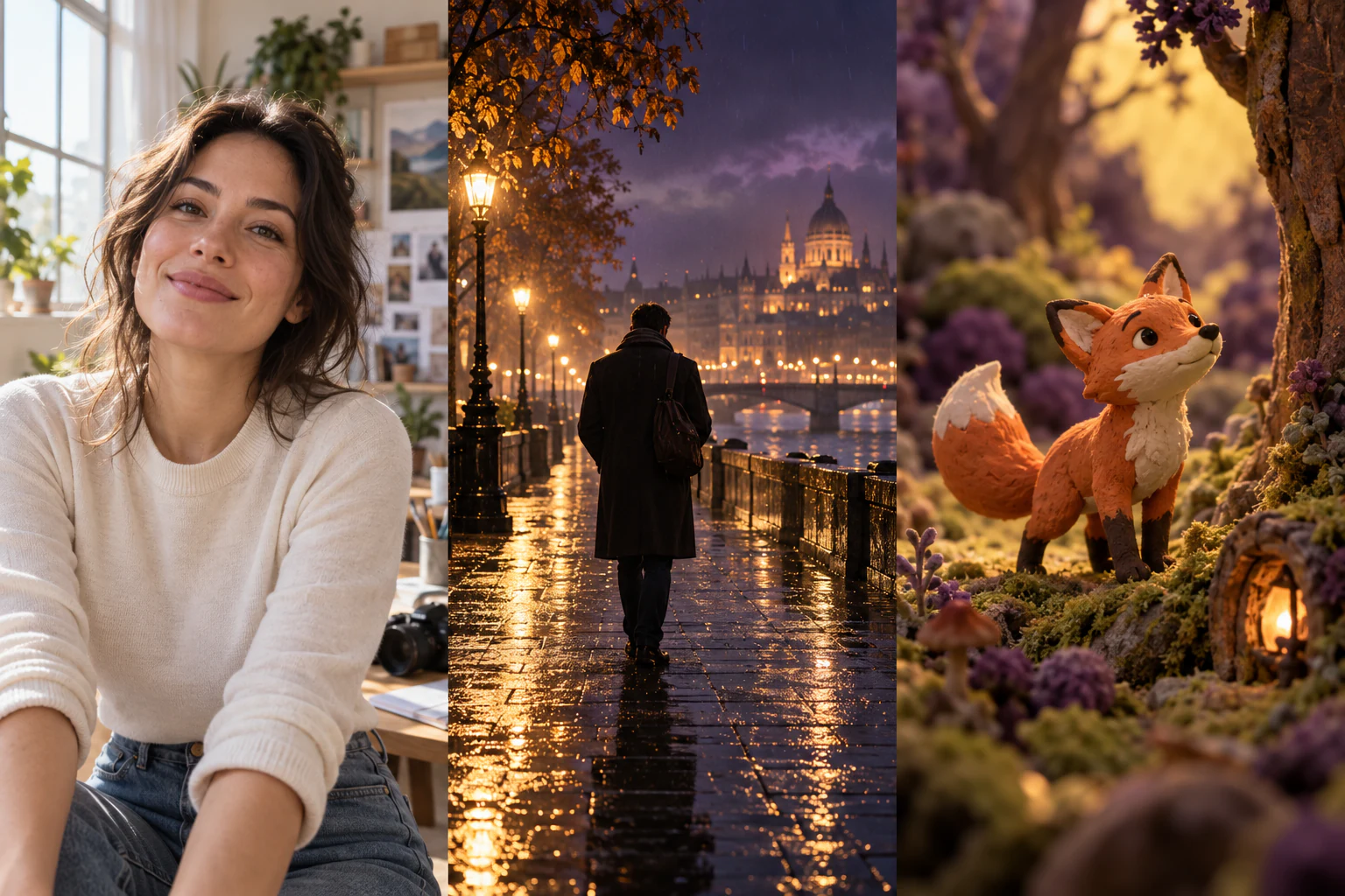 AI concept triptych: an adult UGC creator, a cinematic rainy city, and a handmade clay fox.