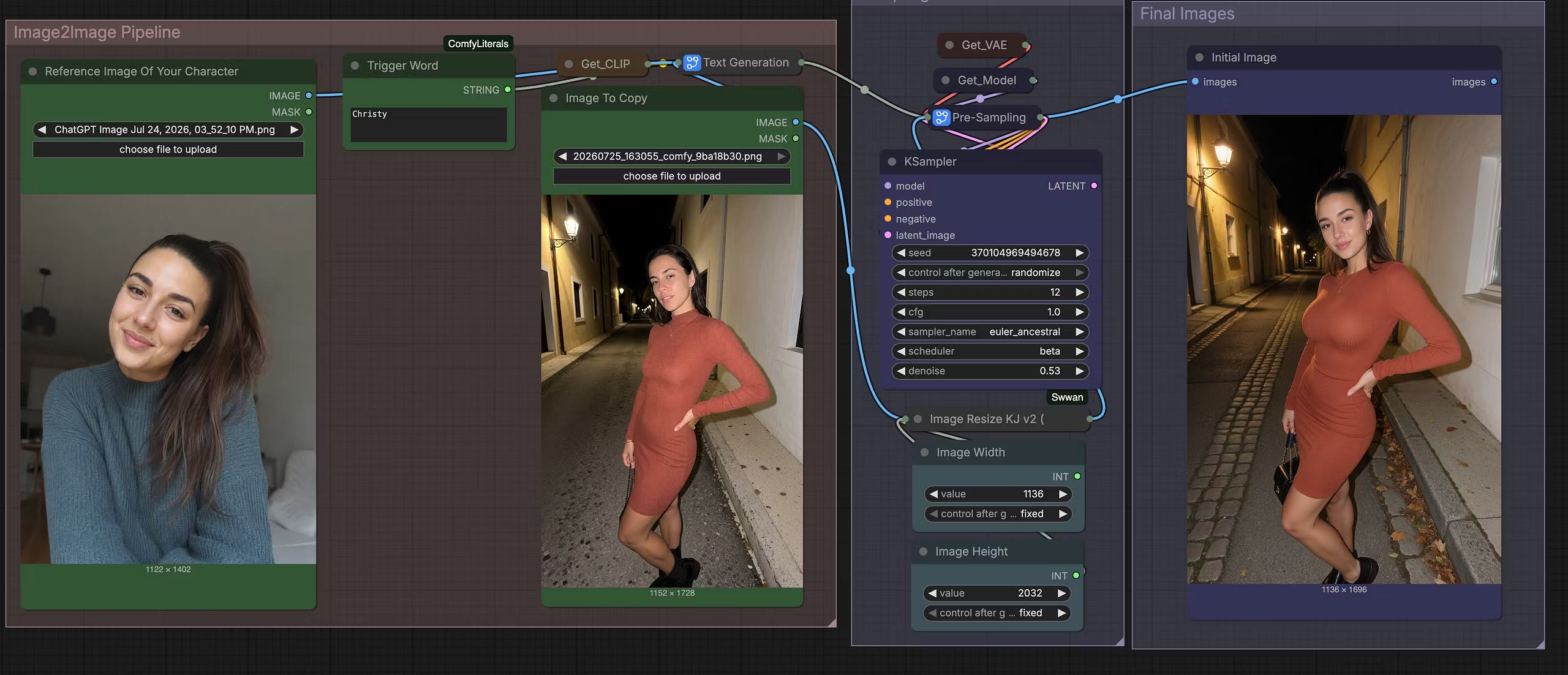 Krea 2 workflow showing a character reference and street portrait comparison