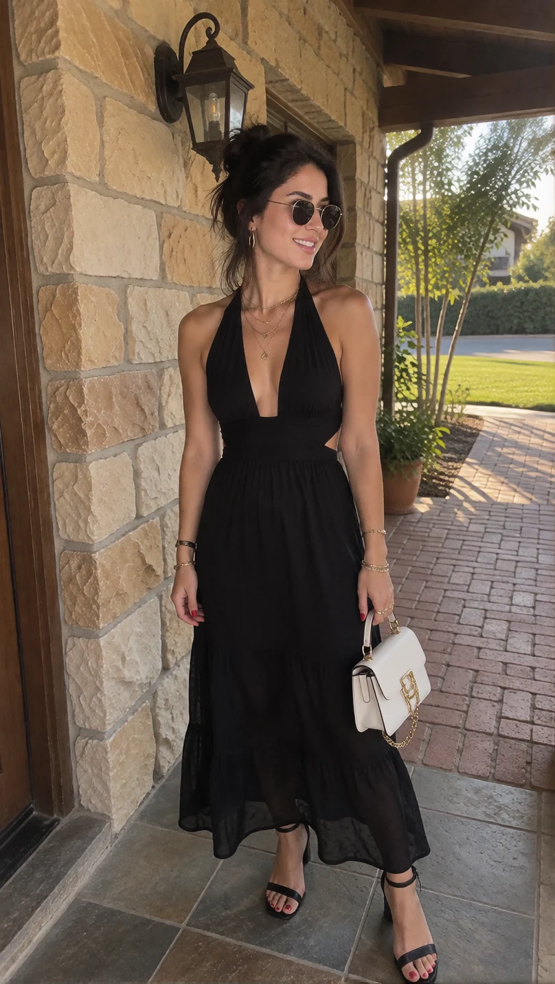 AI influencer Mira in a black dress outside a stone villa