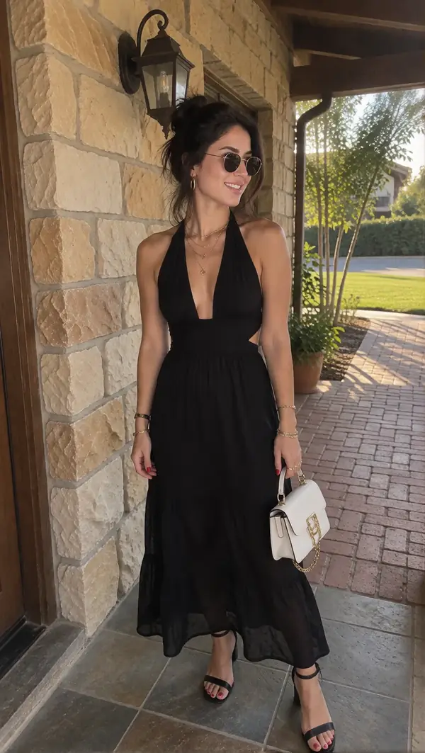 Mira, an AI influencer made with the kit, in a black dress outside a stone building