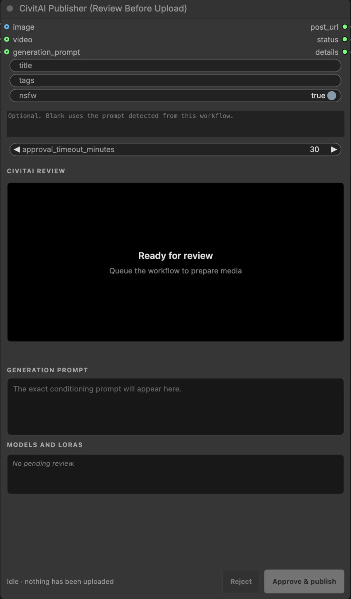 CivitAI Publisher node with media review and approval controls
